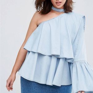 ASOS plus size one shoulder denim top with ruffles and choker detail